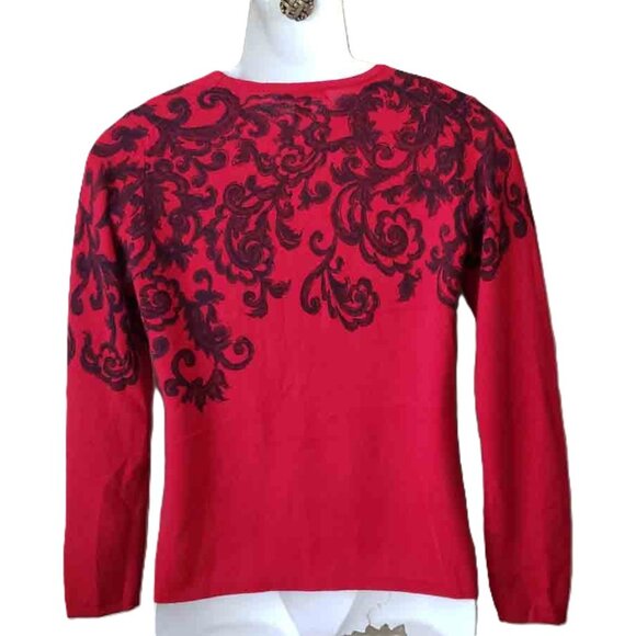 Charter Club 2 Ply Cashmere Sweater Red Black Scroll Pattern Women's Size Medium - Picture 2 of 3